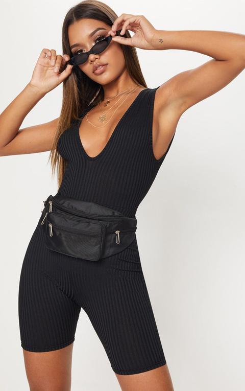 Black Ribbed Plunge Sleeveless Unitard