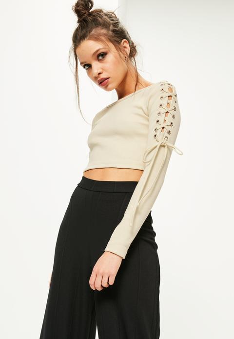 Petite Cream Lace Up Shoulder Crop Top