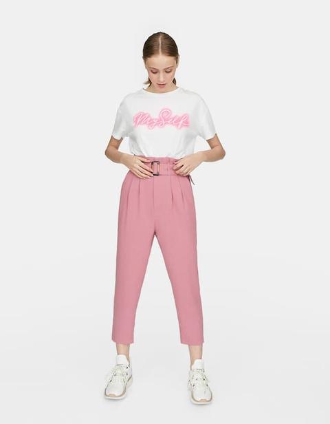 Pantaloni Paperbag Con Cintura E Fibbia Effetto Tartarugato Rosa Chiaro