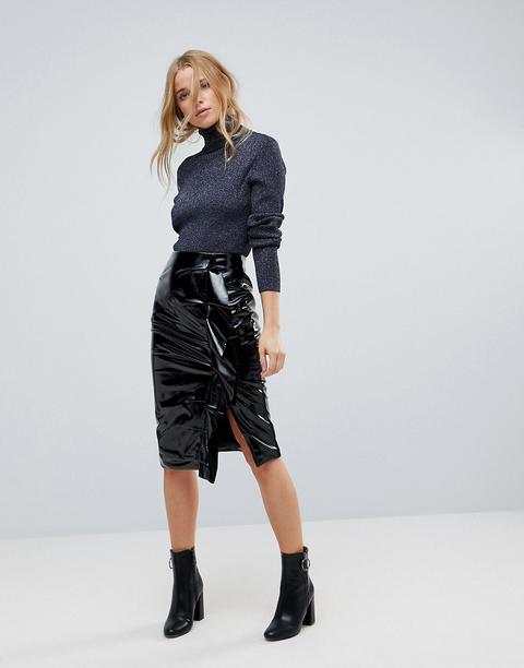 Miss Selfridge - Gonna Midi In Vinile Con Arricciatura - Nero