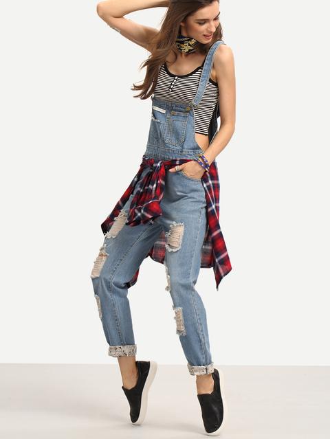 Ripped Light Wash Denim Overall Jeans