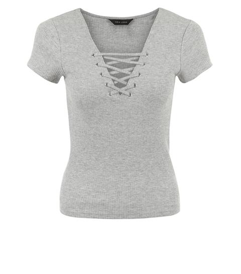 Grey Lattice Front Short Sleeve T-shirt