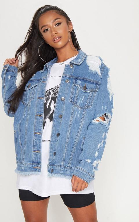 Petite Mid Blue Distressed Denim Jacket, Mid Blue Wash