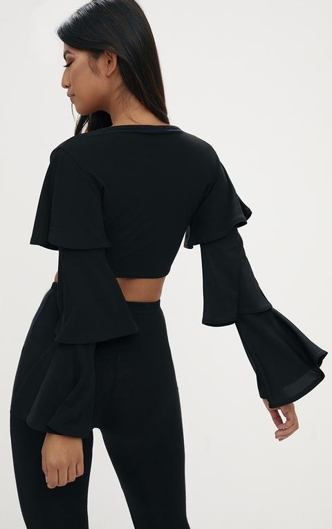 Black Tie Front Ruffle Sleeve Top