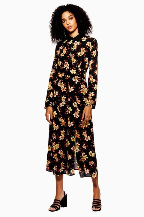 Womens Autumn Floral Print Midi Skater Dress - Black, Black