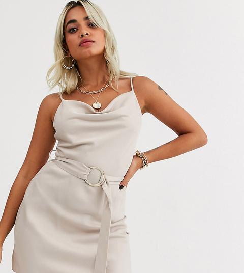 River Island Petite - Robe Nuisette À Ceinture Avec Col Châle - Taupe