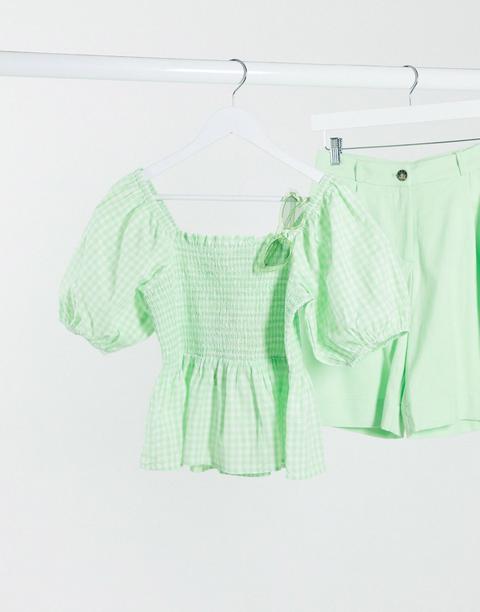 Pieces Shirred Top Co-ord With Peplum And Puff Sleeves In Green Gingham