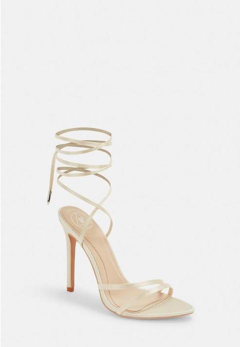 Champagne Satin Lace Up Heeled Sandals, Champagne