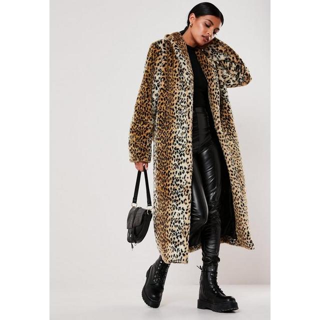 Brown Leopard Print Long Faux Fur Coat, Real Leopard Faux Fur Coat