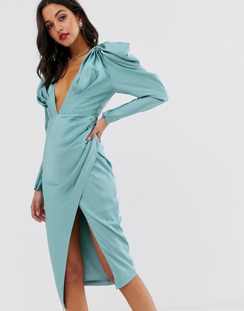 Vestido Midi Escotado De Satén Con Pliegues En Los Hombros De Asos Edition-azul