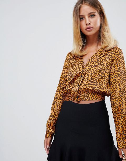 Prettylittlething Crop Bloused In Leopard Print