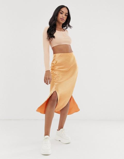 Asos Design Bias Cut Satin Midi Skirt With Splits