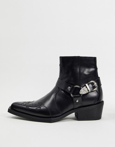 Asos Edition Leather Western Cuban Boot With Square Toe-black