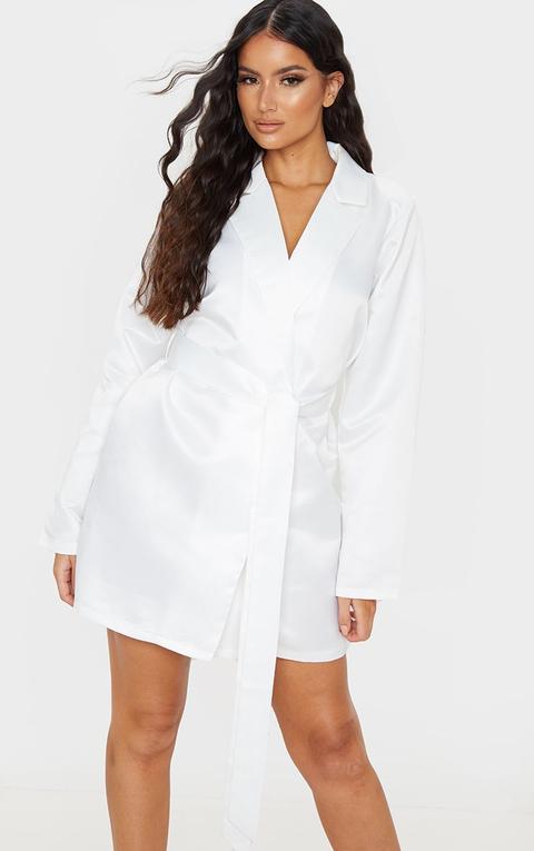 White Matte Satin Long Sleeve Tie Detail Blazer Dress