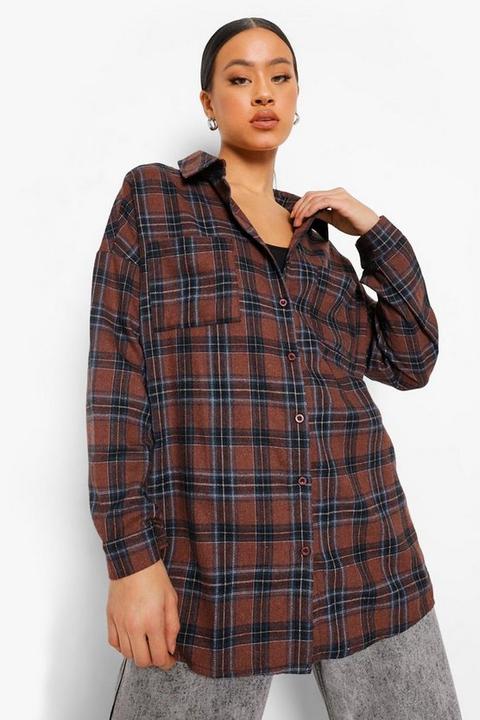 Womens Oversized Check Shirt With Back Print - Brown - 6, Brown