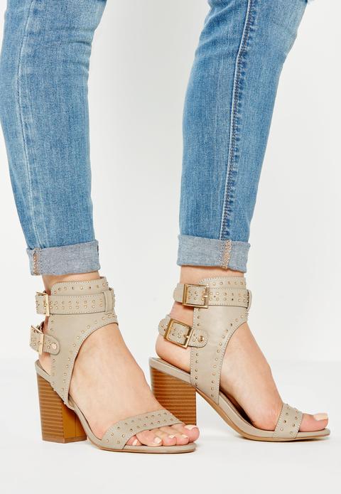 Cream Studded Buckle Back Heeled Sandals