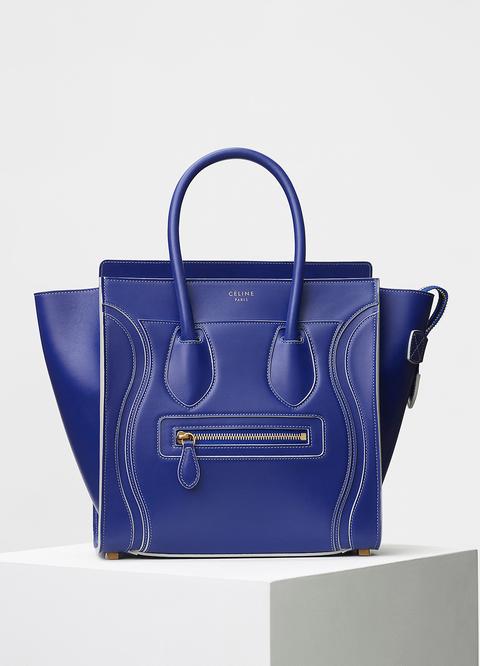 Micro Debossed Luggage Handbag In Inky Blue Satin Calfskin