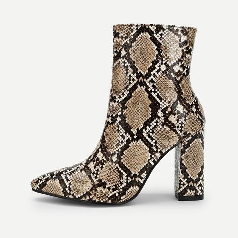 Snakeskin Print Point Toe Ankle Boots
