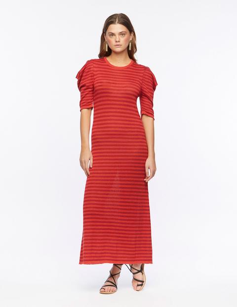 Vestido Manga Abullonada Rayas Rojo