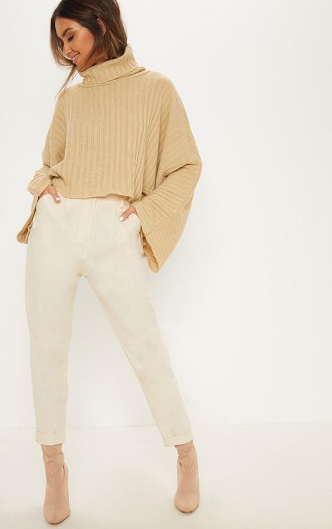 Camel Ribbed Knit High Neck Jumper