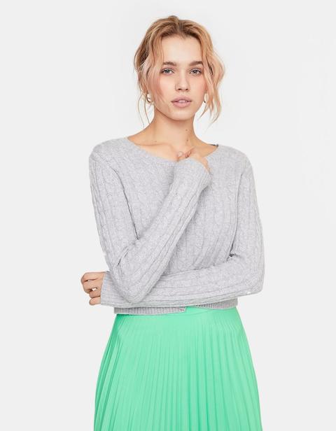 Pullover Cropped Con Trecce Grigio Melangiato