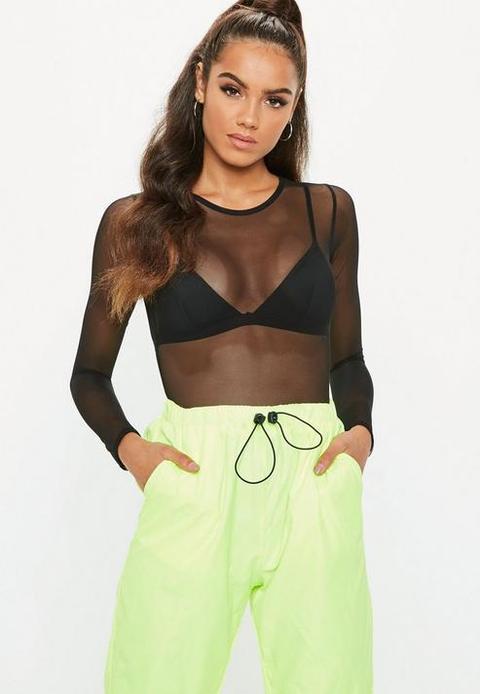 Black Mesh Crew Neck Bodysuit, Black