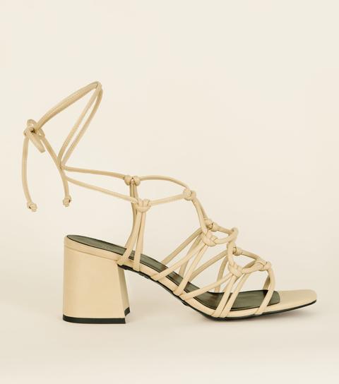 Cream Knot Strap Ankle Tie Heeled Sandals New Look