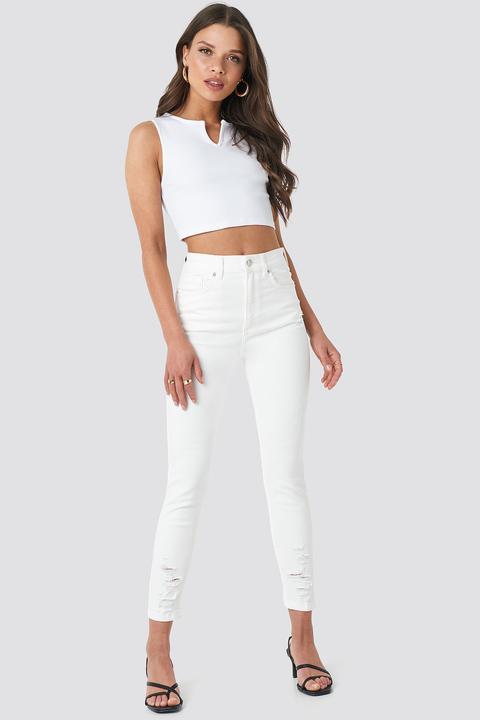 Chewed Hem Skinny Cropped Jeans Weiß
