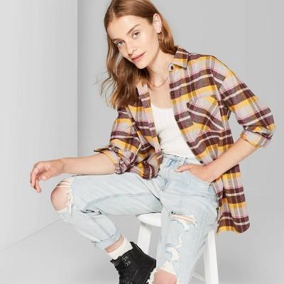 Women's Plaid Long Sleeve Button-down Heavyweight Flannel Shirt - Wild Fable Brown/gold/pink