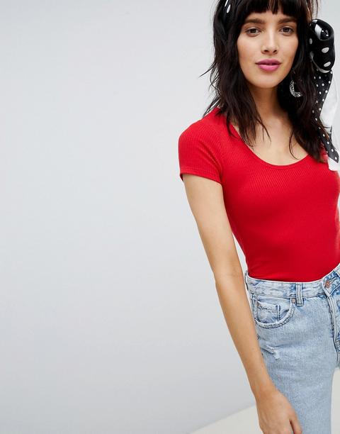 Stradivarius - Top Corto In Jersey Tinta Unita A Coste Con Scollo A Ballerina - Rosso