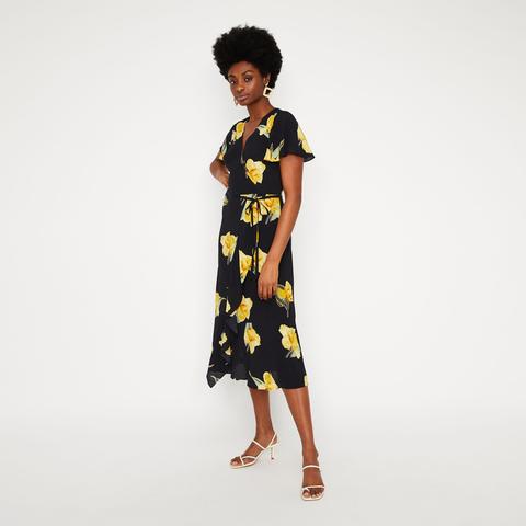 Yellow Floral Midi Wrap Dress from ...