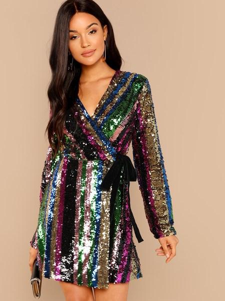 Abito Incrociato Con Paillettes Blocco Di Colore
