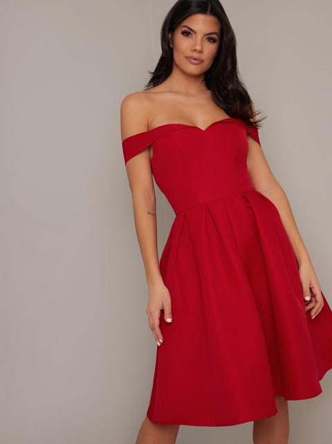 Bardot Box Pleat Skater Dress In Red