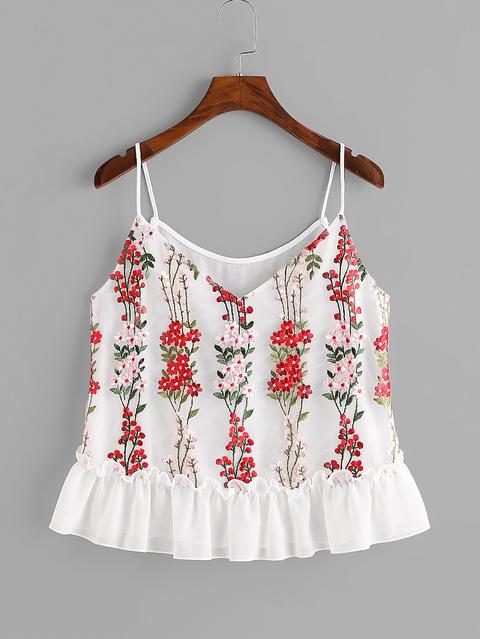 Blossom Embroidery Tulle Overlay Ruffle Cami Top