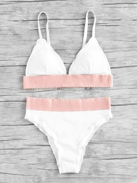 Contrast Band Ribbed Triangle Bikini Set