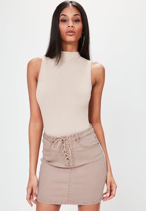 Camel Lace Up Stretch Denim Mini Skirt