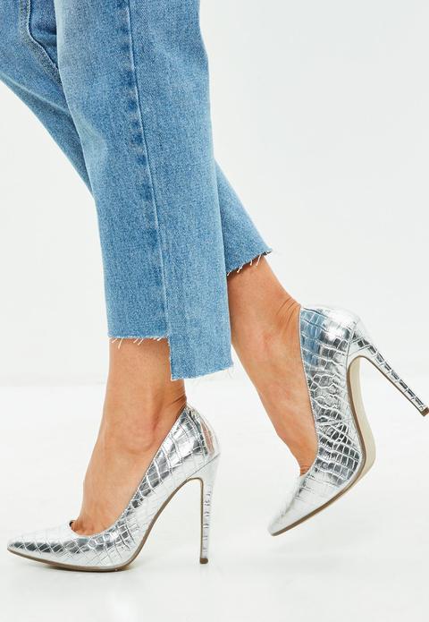 Silver Pointed Heel Croc Court Shoes, Grey