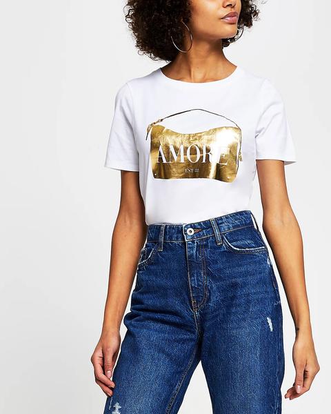 White "amore" Gold Foil Bag Motif Tshirt