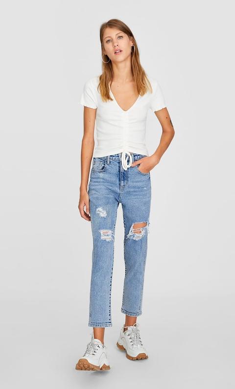 Jeans Mom Slim Fit Con Strappi Jeans Chiaro