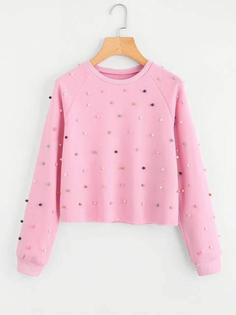 Raglan Sleeve Raw Hem Pearl Beading Sweatshirt