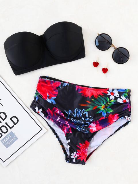 Set Bikini Con Estampado Floral Cintura Alta - Negro