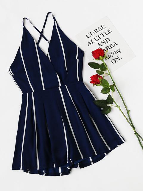 Stripe Surplice Front Criss Cross Back Romper