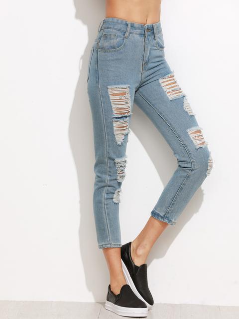 Blue Ripped Ankle Jeans