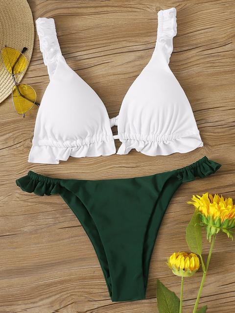 Set De Bikini Top De Cuello Profundo Ribete Fruncido Con Tanga