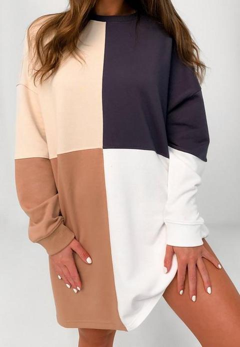 Beige Colourblock Oversized Sweater Dress, Beige