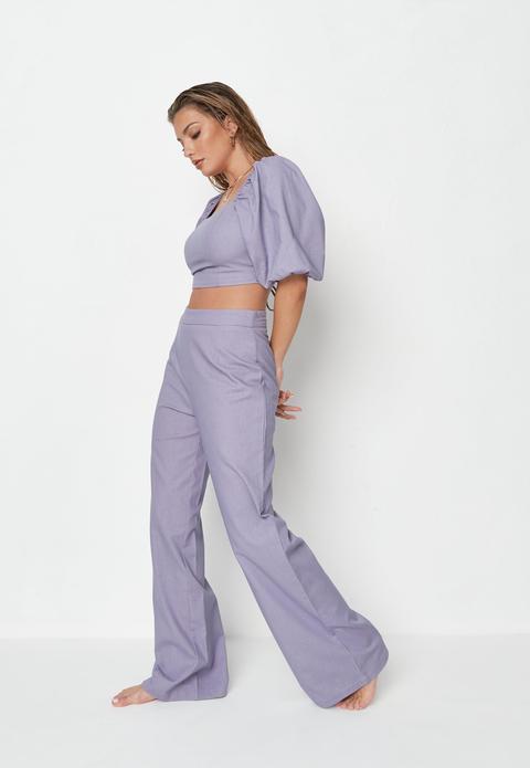 Pantalon Lilas En Lin Mélangé À Coupe Ample À Assortir