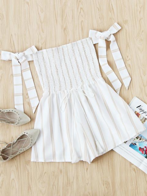 Off Shoulder Bow Tie Sleeve Stripe Drawstring Romper