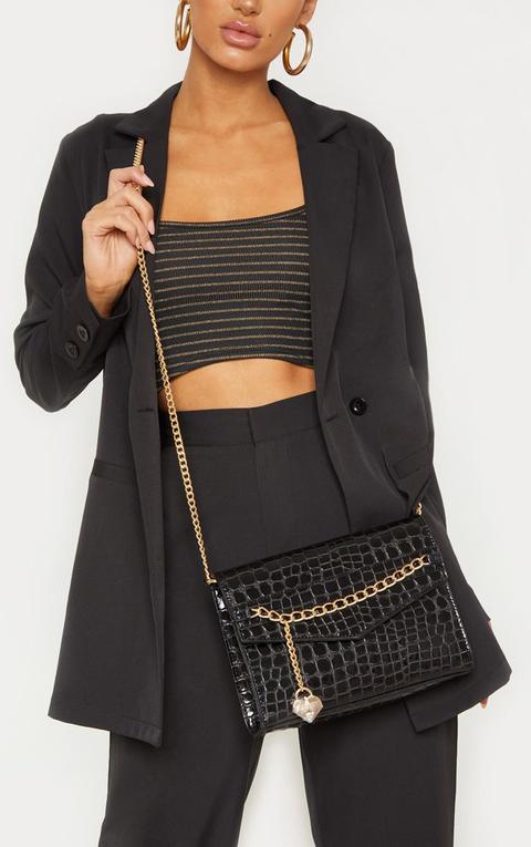 Black Metallic Croc Print Cross Body Bag