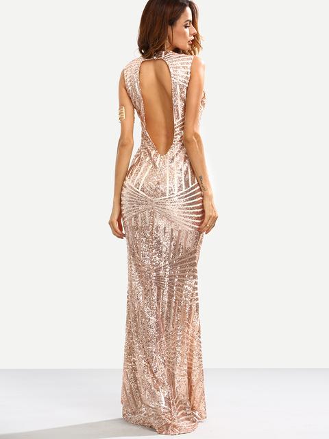 Rose Gold Sequins Embedded Cut Out Back Mermaid Dress