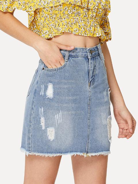 Gonna Di Jeans Strappati Con Orlo Grezzo